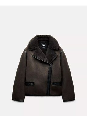 ZARA Dark Brown Faux Shearling Biker Jacket